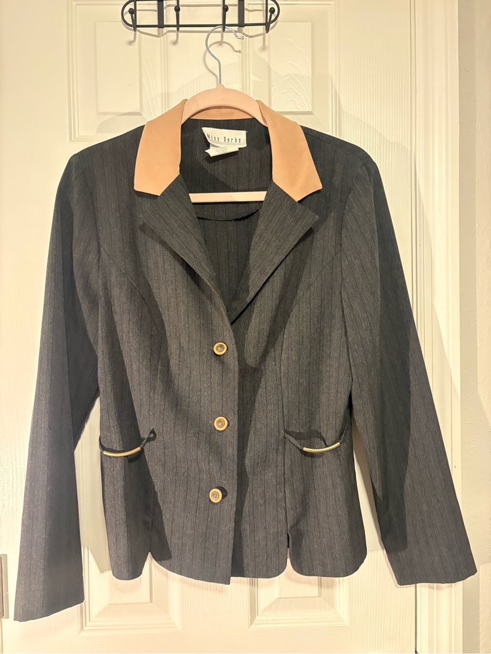 Vintage Miss Dorby Charcoal Pinstripe Blazer with Tan Collar